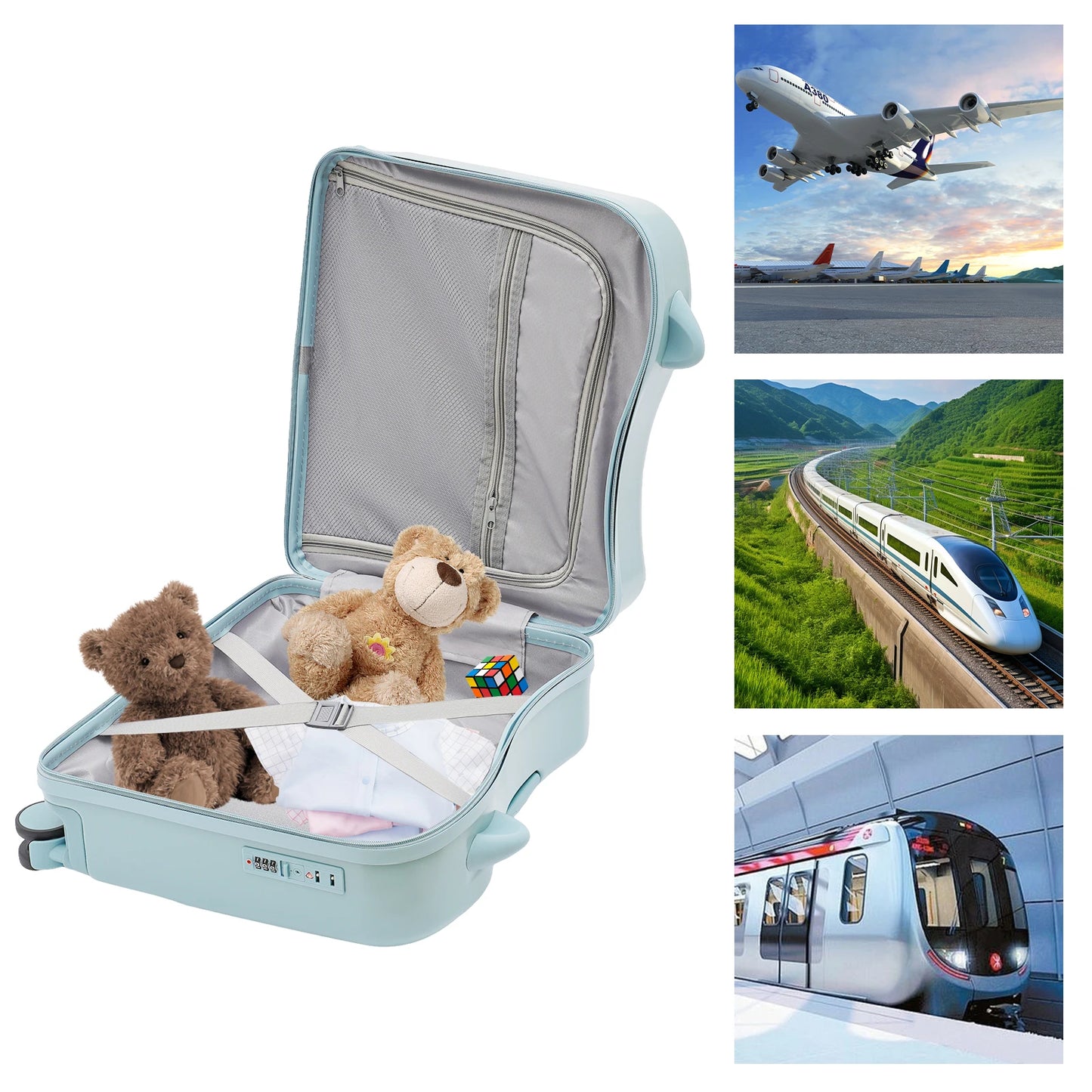 18 Inch Kids Ride On Suitcase Rolling Luggage With Password Lock Portable Cute Scooter Travel Companion