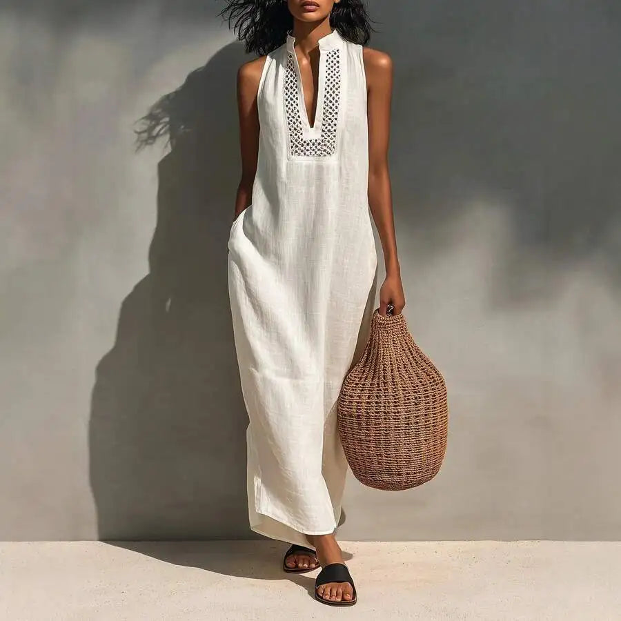 Linen Blend Sleeveless Maxi Dress With Pockets For Women