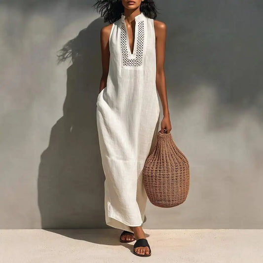 Linen Blend Sleeveless Maxi Dress With Pockets For Women