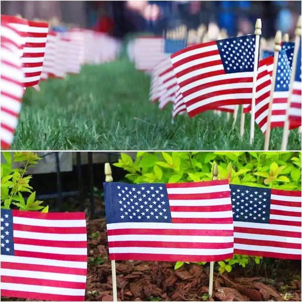 100 Pack Small American Flags On Stick For Outdoor Decoration