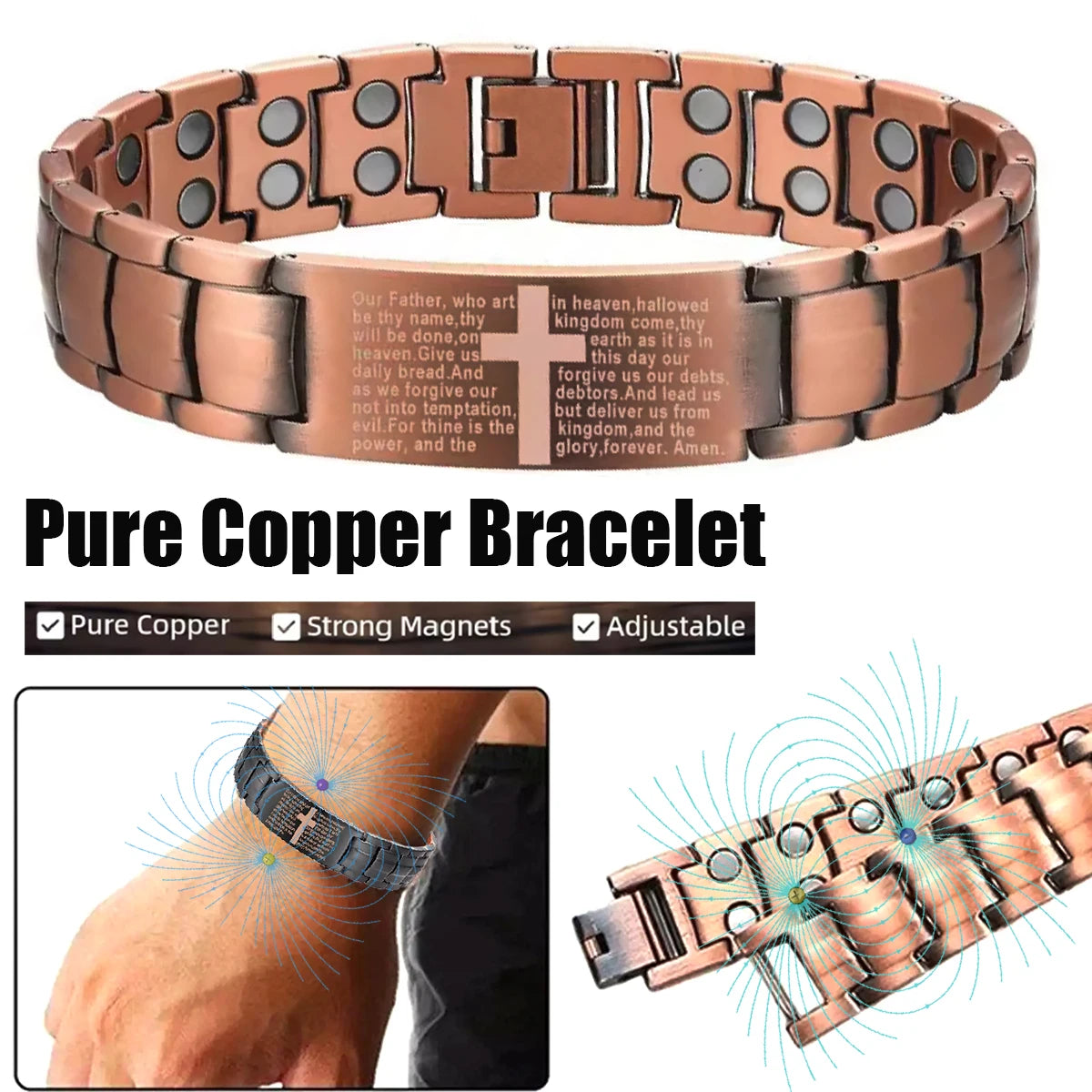 Vintage Copper Cross Prayer Scripture Adjustable Christian Faith Bracelet