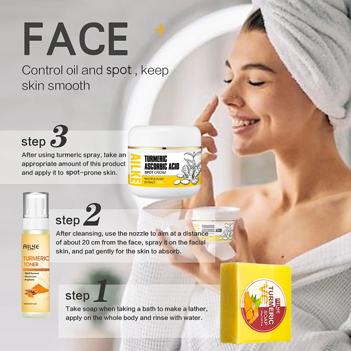 AILKE Organic Turmeric Skin Care Set for Acne Whitening