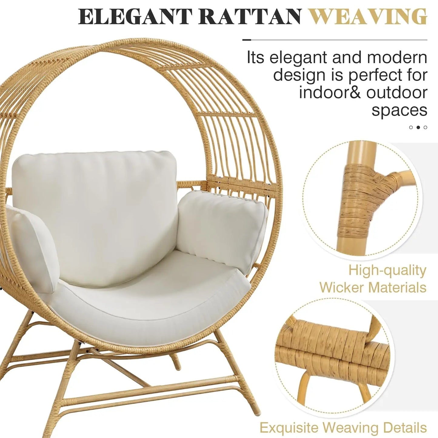 Oversized Egg Chair Indoor Outdoor Rattan Hanging Chair With Cushion 350LBS