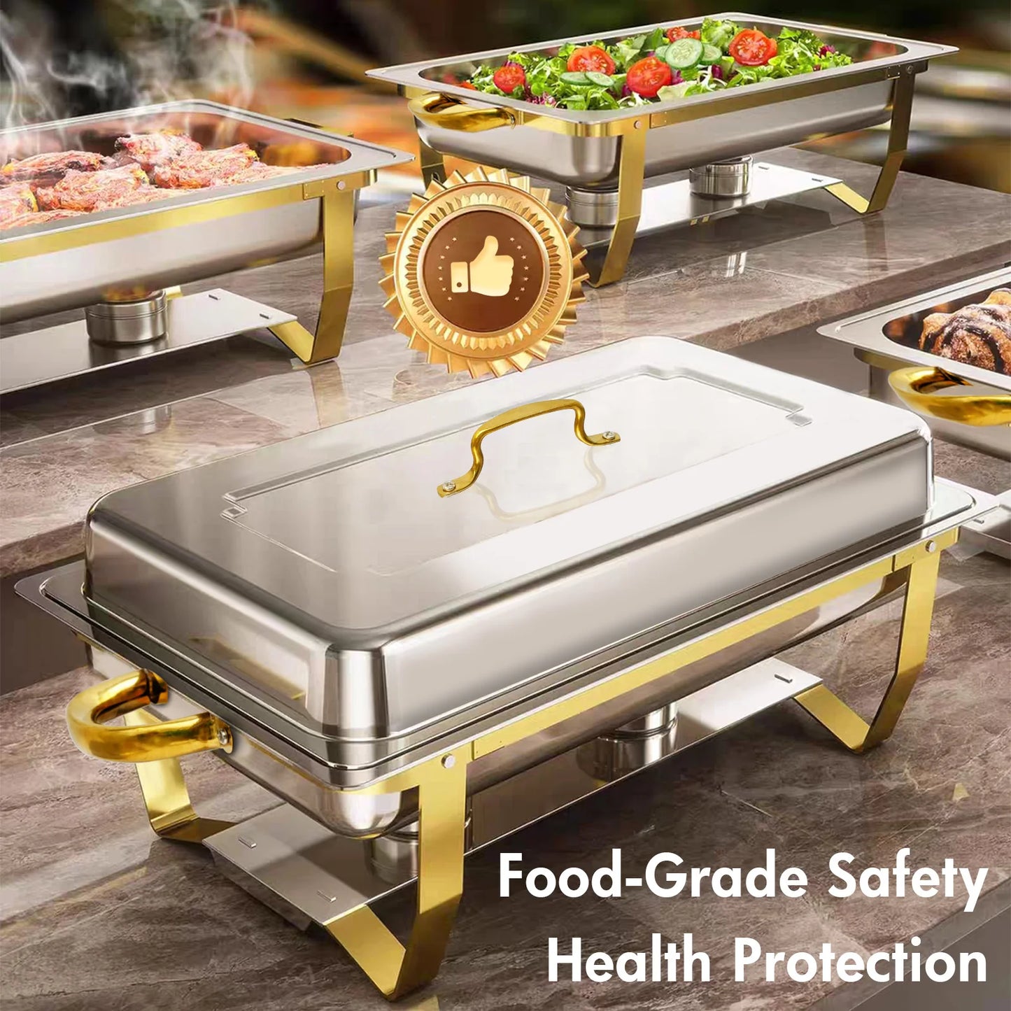 4-Pack Chafing Dishes Buffet Set 8QT-9QT Rectangular Semi-Gold-Plated Stainless Steel Warmer for Hotel Catering Parties Wedding
