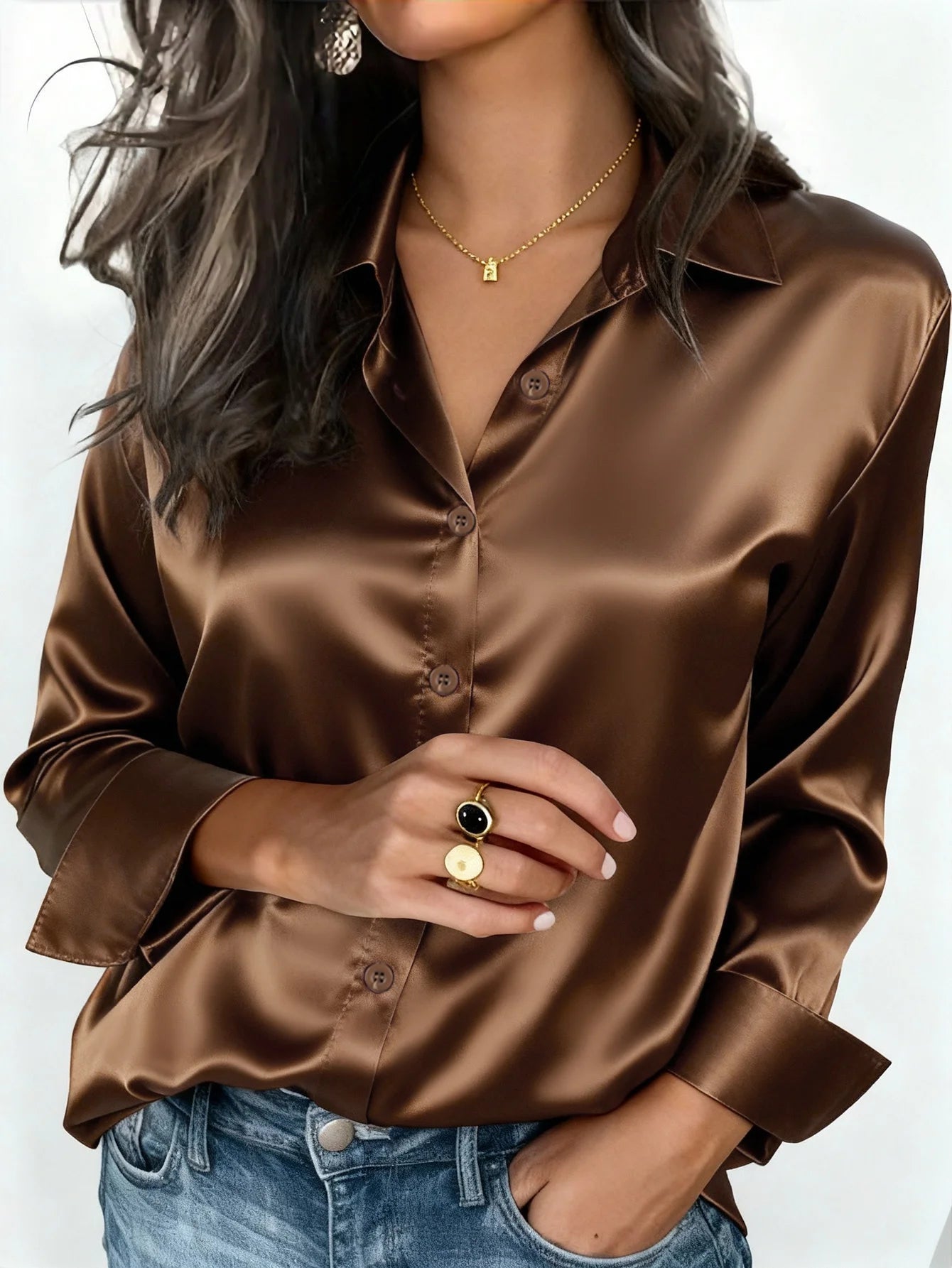 Satin Button Up Blouse Office Wear Elegant Collared Design