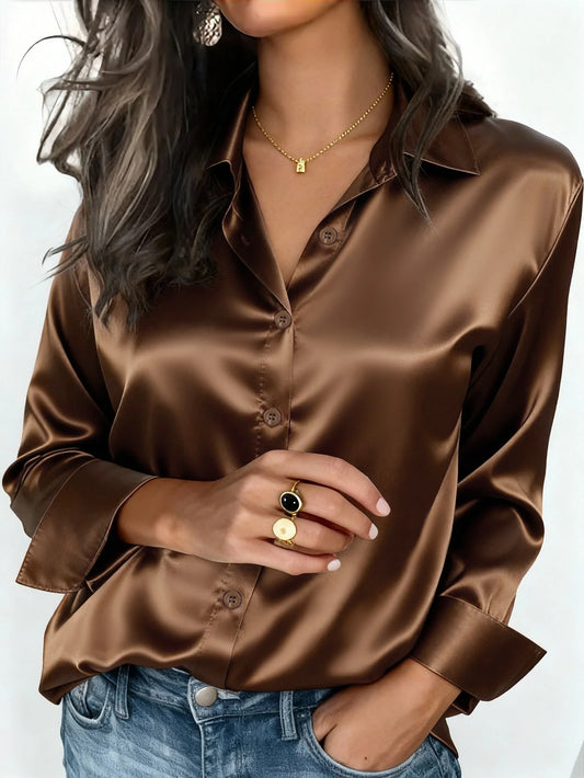 Satin Button Up Blouse Office Wear Elegant Collared Design