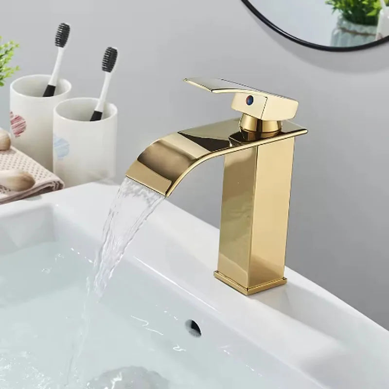 Stainless Steel Basin Faucet Waterfall Bathroom Deck Mount Single Lever