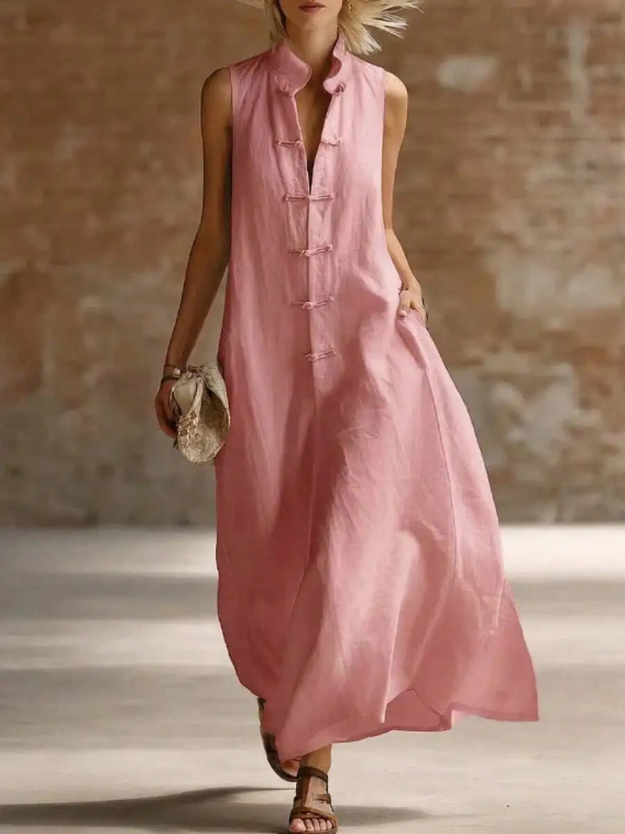 Linen Cotton Stand Collar Frog Button Long Dress For Women