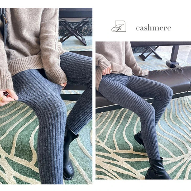Autumn Women's High Waist Ribbed Thermal Knit Leggings Ankle Length