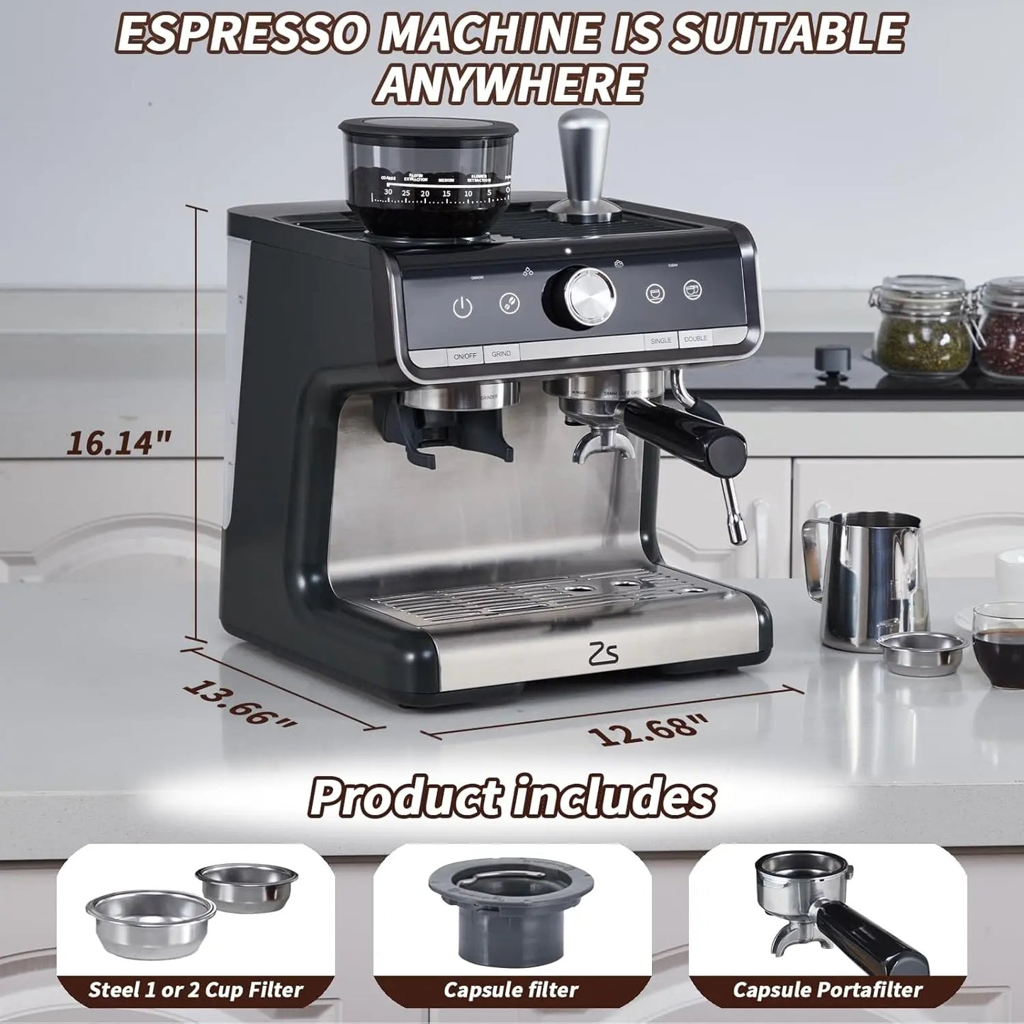 Acekool Espresso Machine With Grinder And Milk Frother 20 Bar
