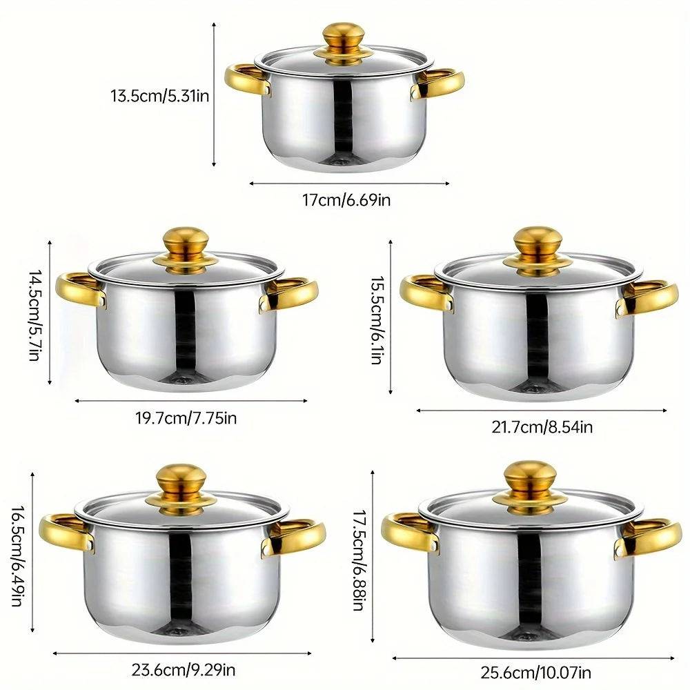 Golden Stainless Steel 5Piece Cookware Set Nonstick Compatible With Stoves