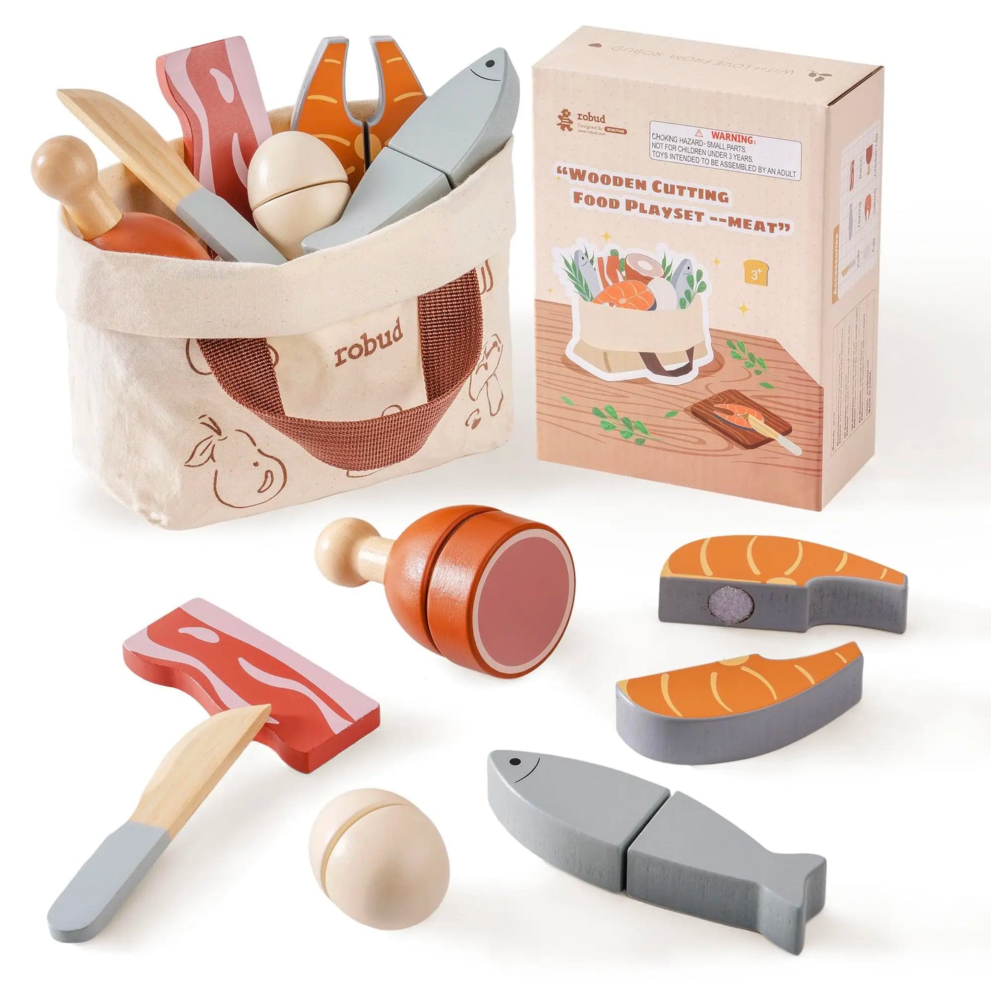 ROBUD Wooden Pretend Play Food Set Cutting Toy Food Play Kitchen Accessories Toy Food with Storage Bag Toys Gifts for Girls Boys
