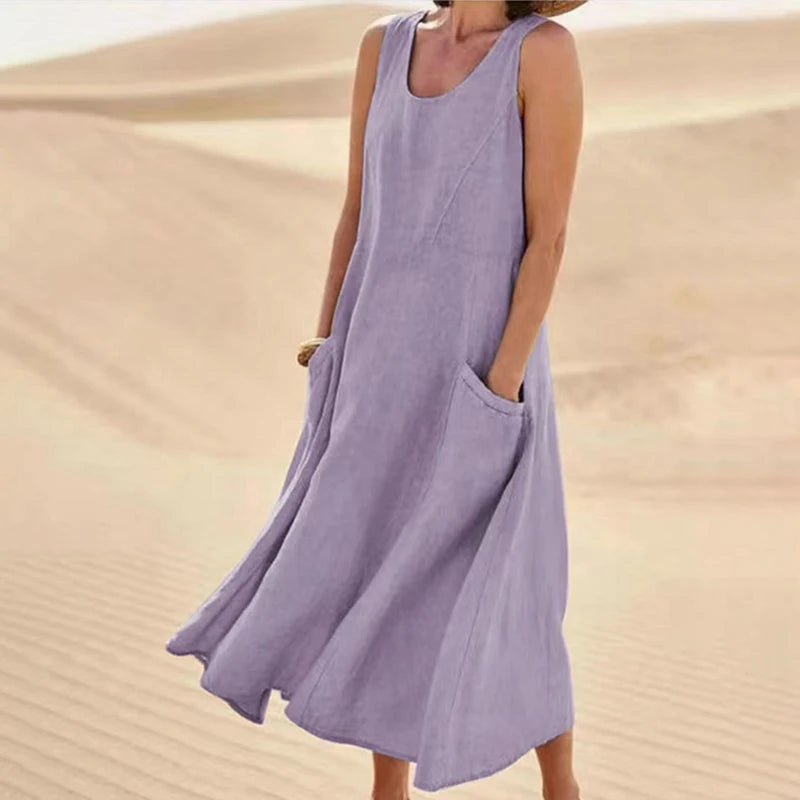 INSTYLISH Women Cotton Linen Sleeveless A Line Dress With Pockets