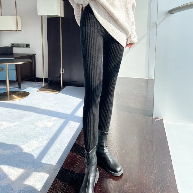Autumn Women's High Waist Ribbed Thermal Knit Leggings Ankle Length