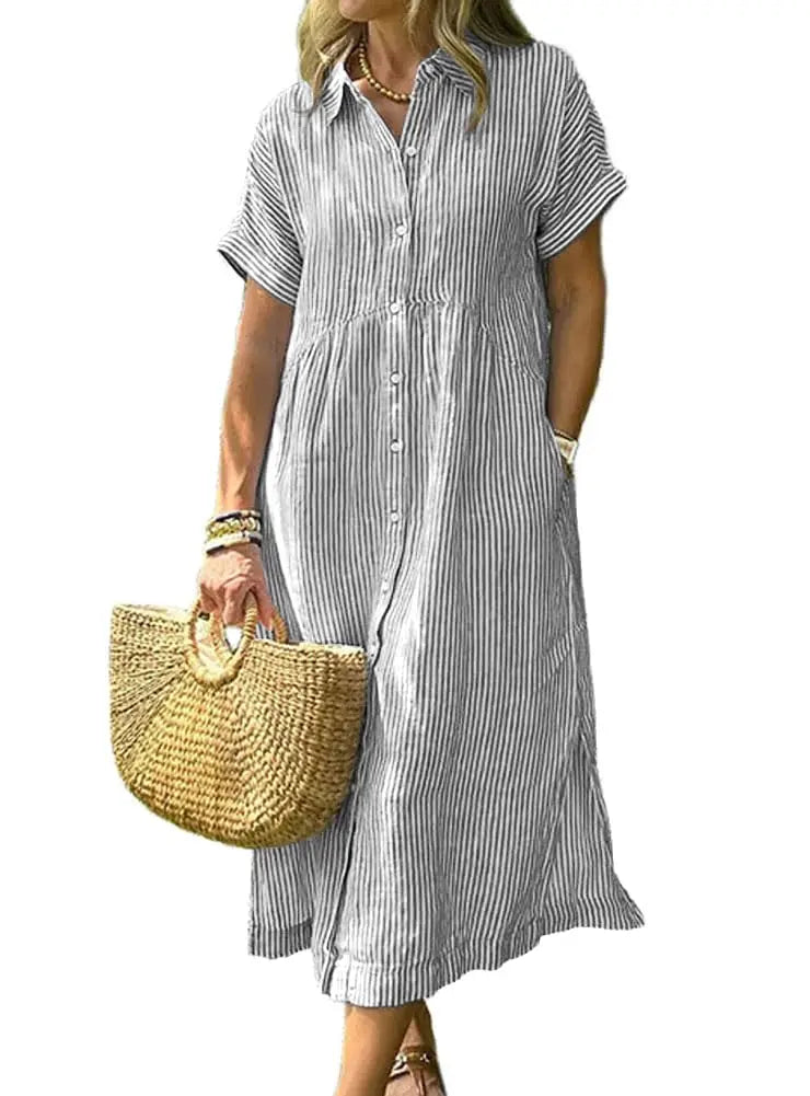 Womens Striped Midi Shirt Dress Loose Button Down Cotton Linen