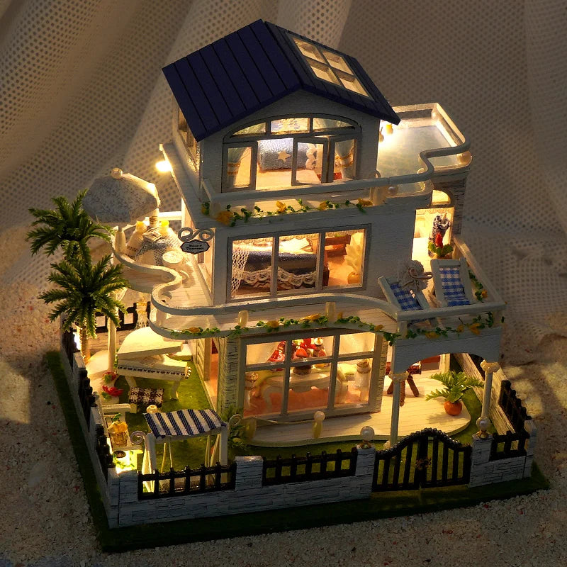 DIY Wooden Mini Seaside Villa Dollhouse Kit With Furniture