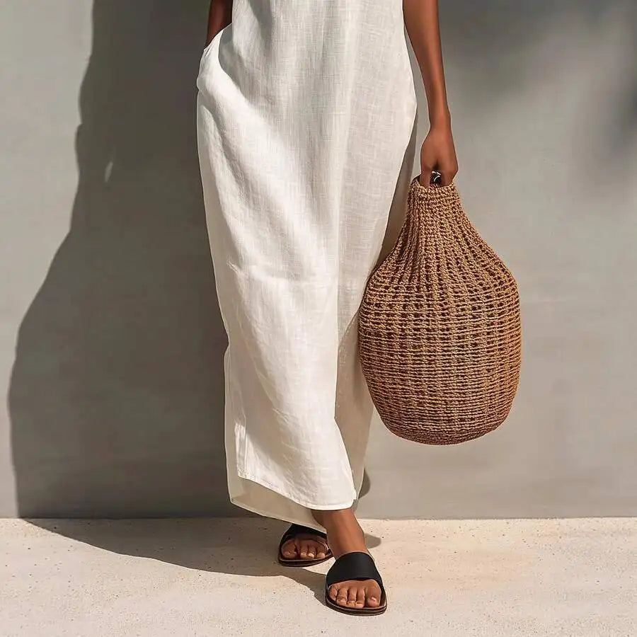 Linen Blend Sleeveless Maxi Dress With Pockets For Women