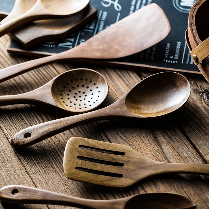 Kemorela 9 Piece Teak Wooden Kitchen Cooking Utensils Set
