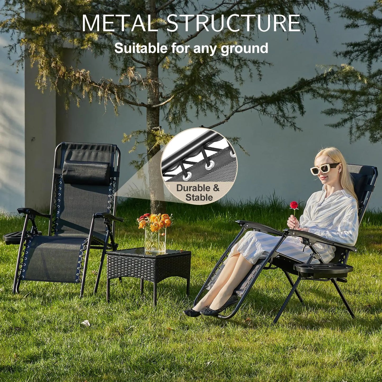 JHK Zero Gravity Portable Recliner Set Of 2 With Cup Holder Trays