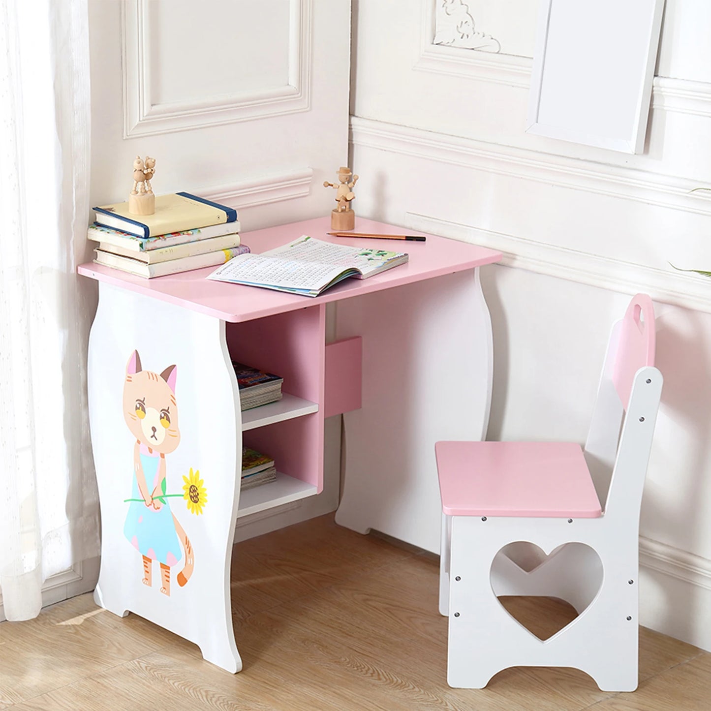 Kids Wooden Study Desk And Chair Set With Storage Shelf For Home Use