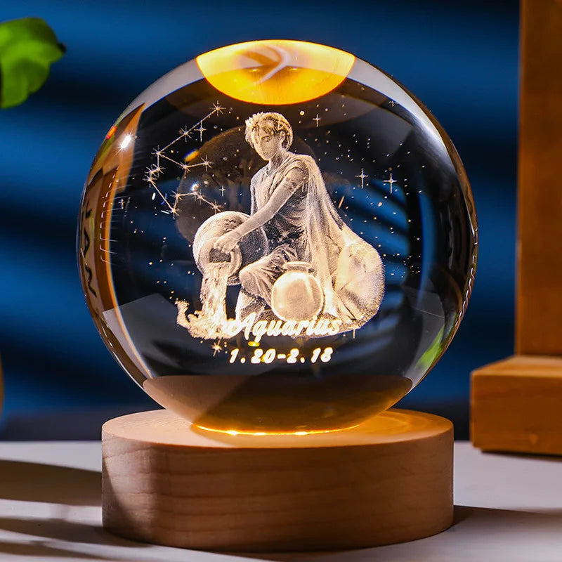 3D Constellation Crystal Ball Night Light with Wooden USB Base