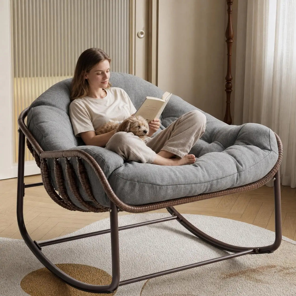 Grey Oversized Rattan Egg Rocking Chair With Steel Frame