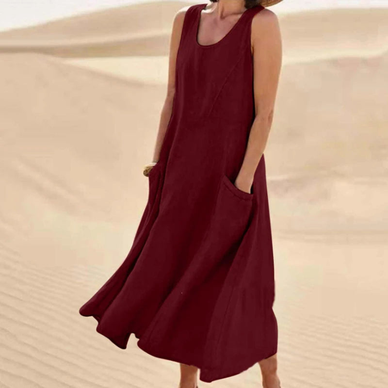 INSTYLISH Women Cotton Linen Sleeveless A Line Dress With Pockets