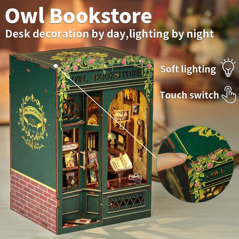 CUTEBEE DIY Book Nook Kit Wooden Owl Bookstore With Lights