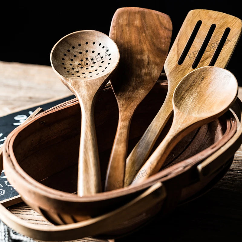 Kemorela 9 Piece Teak Wooden Kitchen Cooking Utensils Set