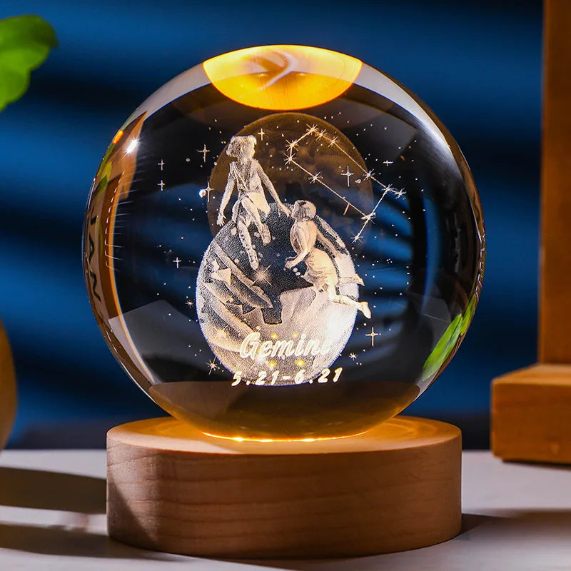 3D Constellation Crystal Ball Night Light with Wooden USB Base