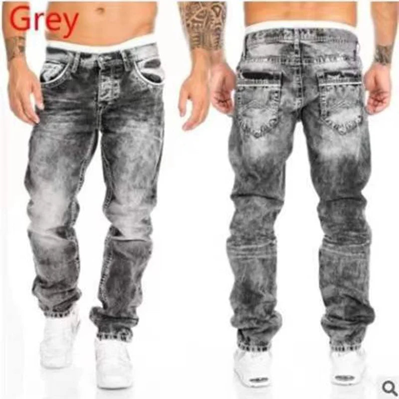 Men's Vintage Washed Straight Denim Jeans With Zipper Fly