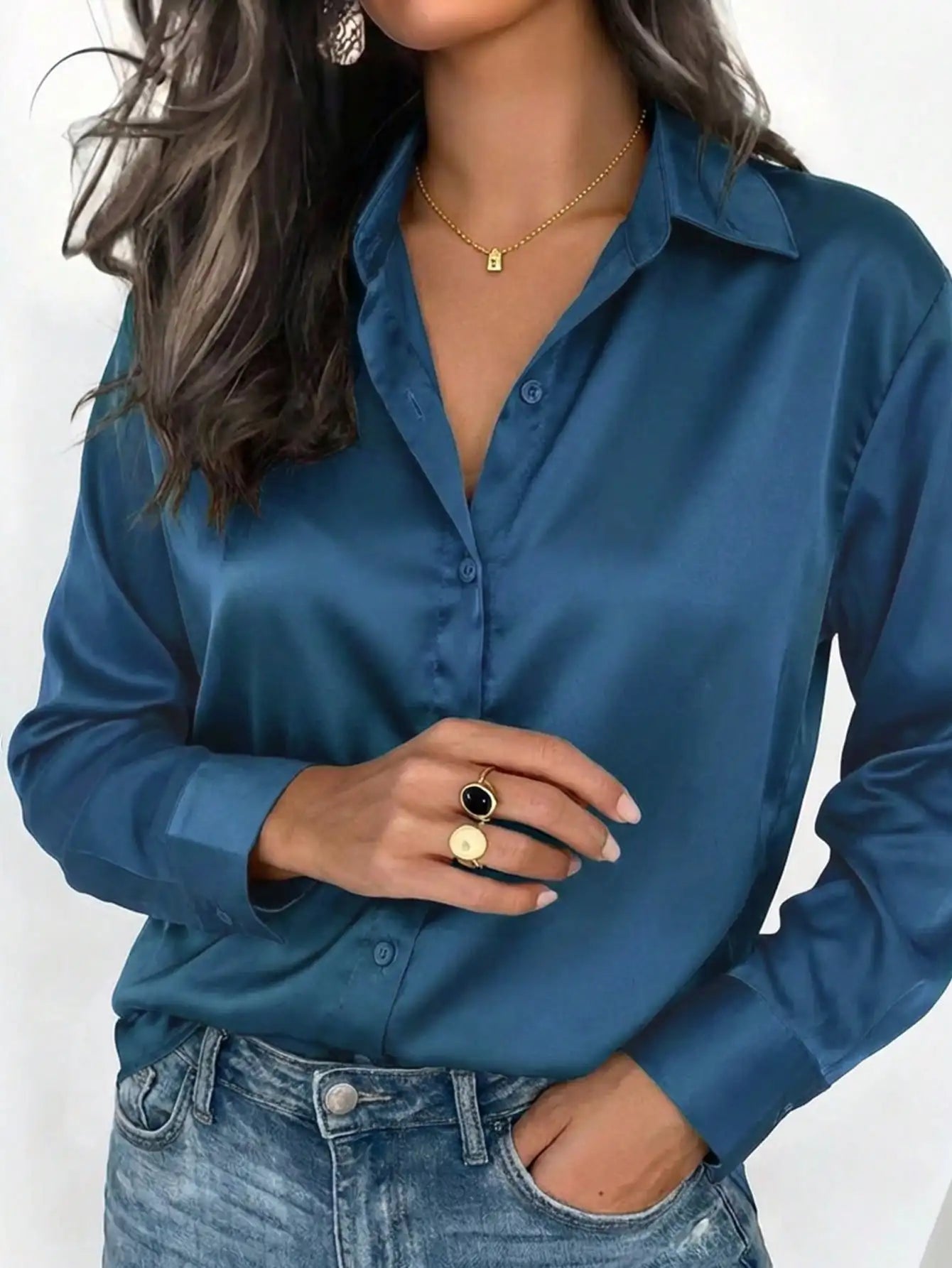 Satin Button Up Blouse Office Wear Elegant Collared Design
