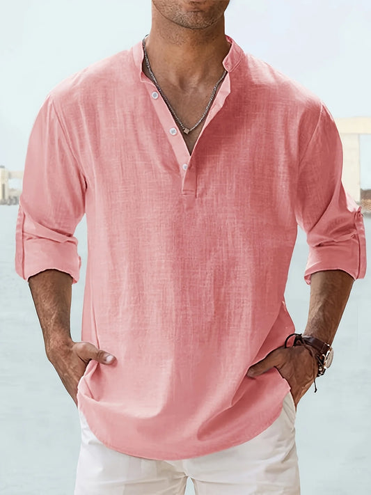Men's Linen Stand Collar Long Sleeve Shirt