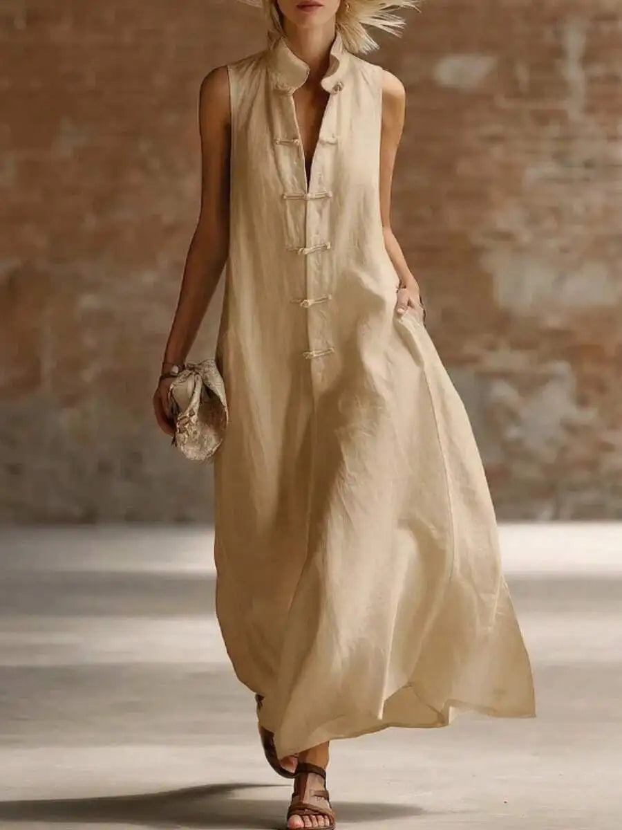 Linen Cotton Stand Collar Frog Button Long Dress For Women