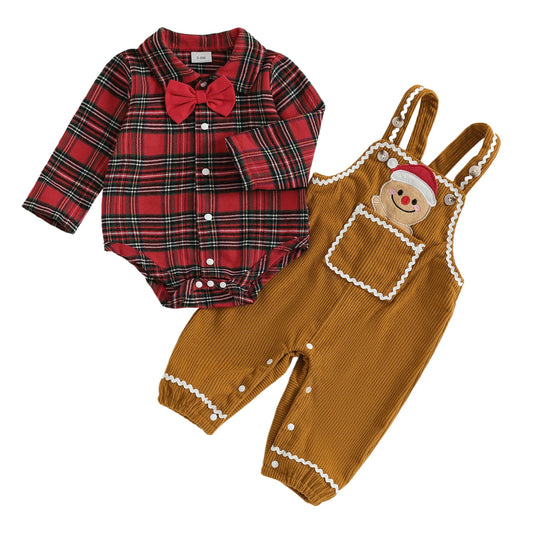 Toddler Boy Red Plaid Reindeer Embroidered Outfit Pants Set