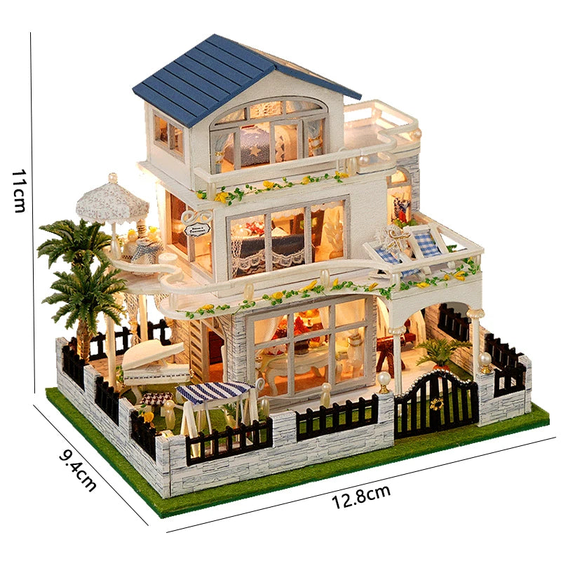 DIY Wooden Mini Seaside Villa Dollhouse Kit With Furniture