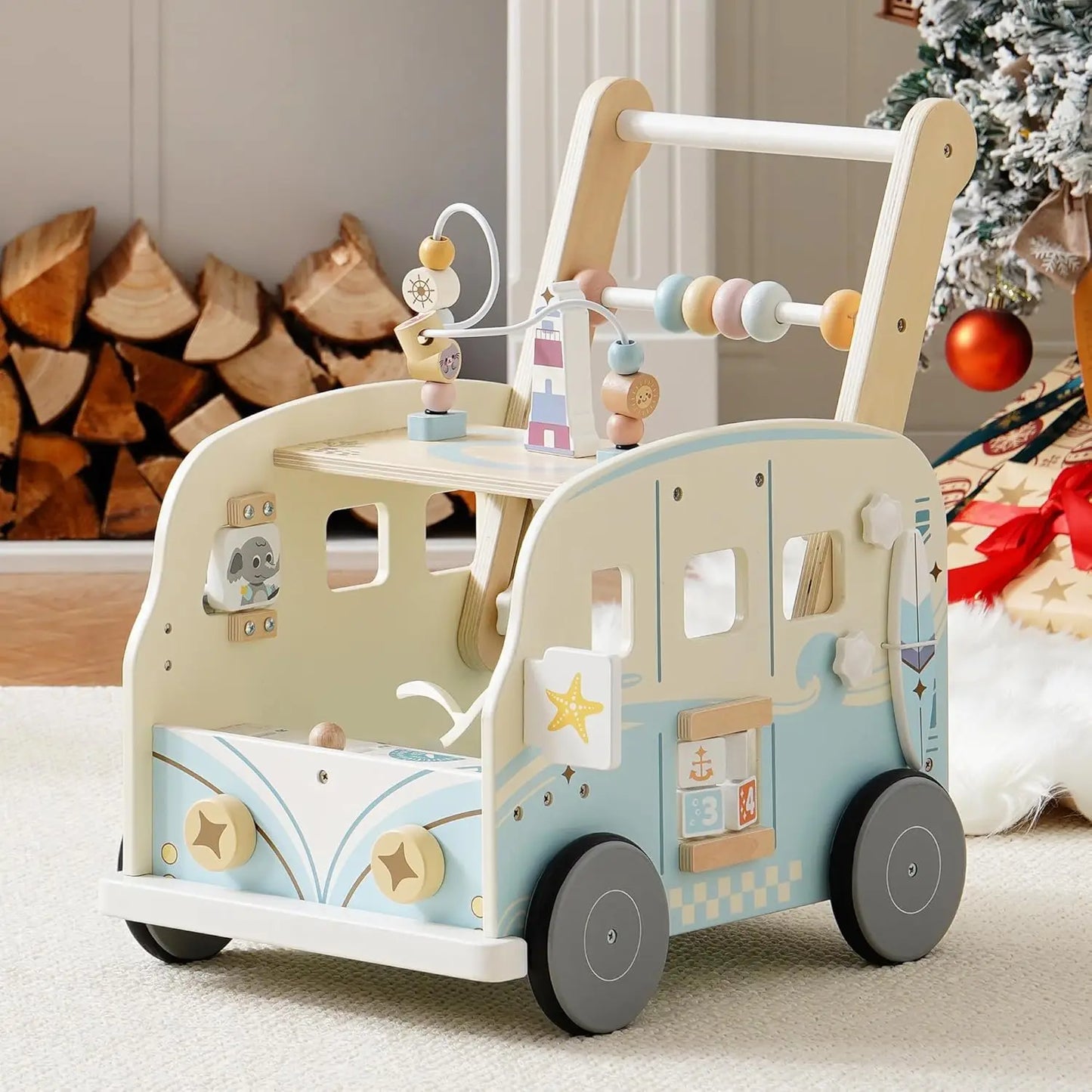 Wooden Baby Walker Bus Style With Ocean Pattern Rolife