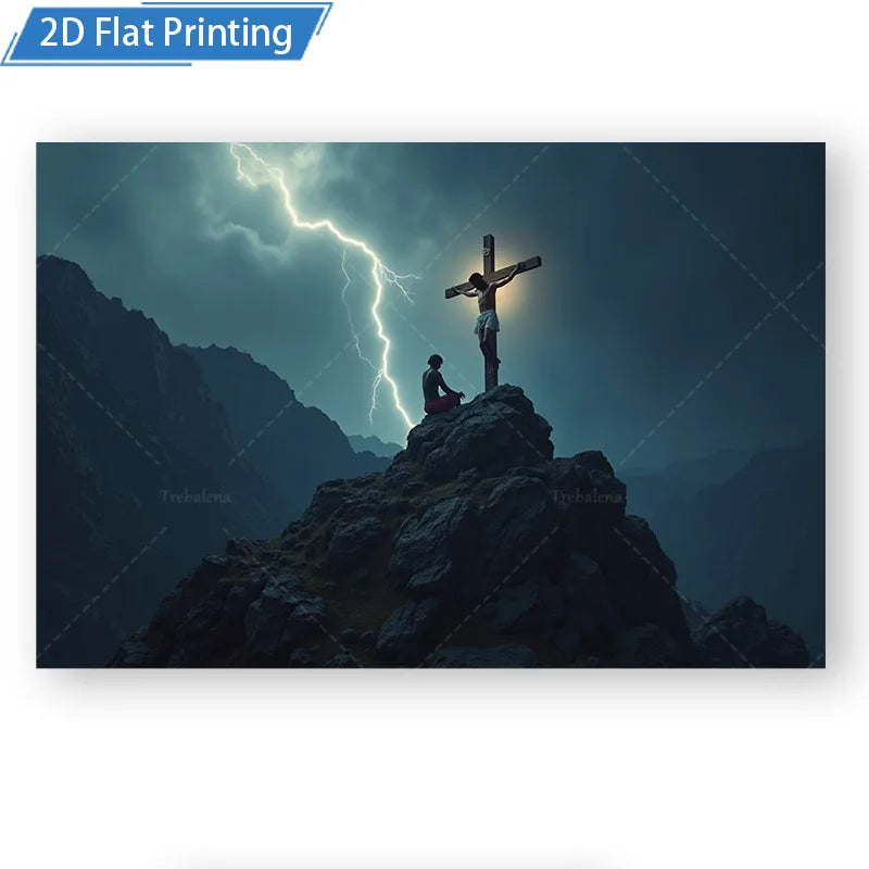 Stormy Mountain Cross Scene Tapestry Modern Spiritual Wall Art