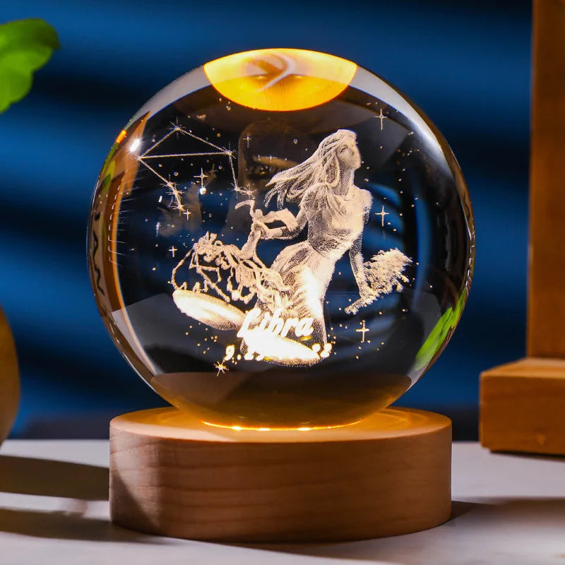 3D Constellation Crystal Ball Night Light with Wooden USB Base