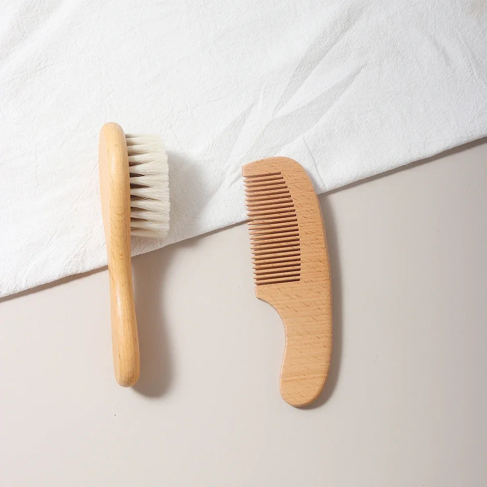 2 Piece Baby Care Hair Wool Brush And Beech Wood Comb