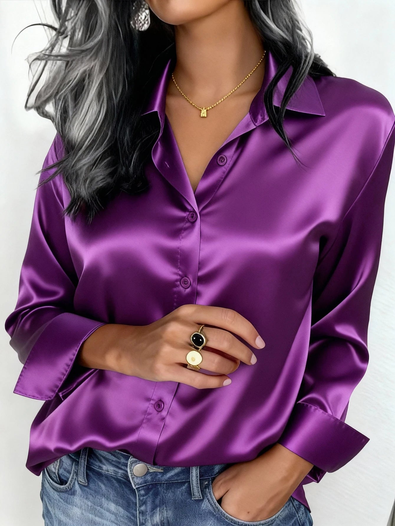 Satin Button Up Blouse Office Wear Elegant Collared Design