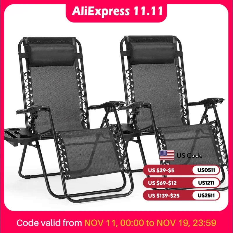 JHK Zero Gravity Portable Recliner Set Of 2 With Cup Holder Trays