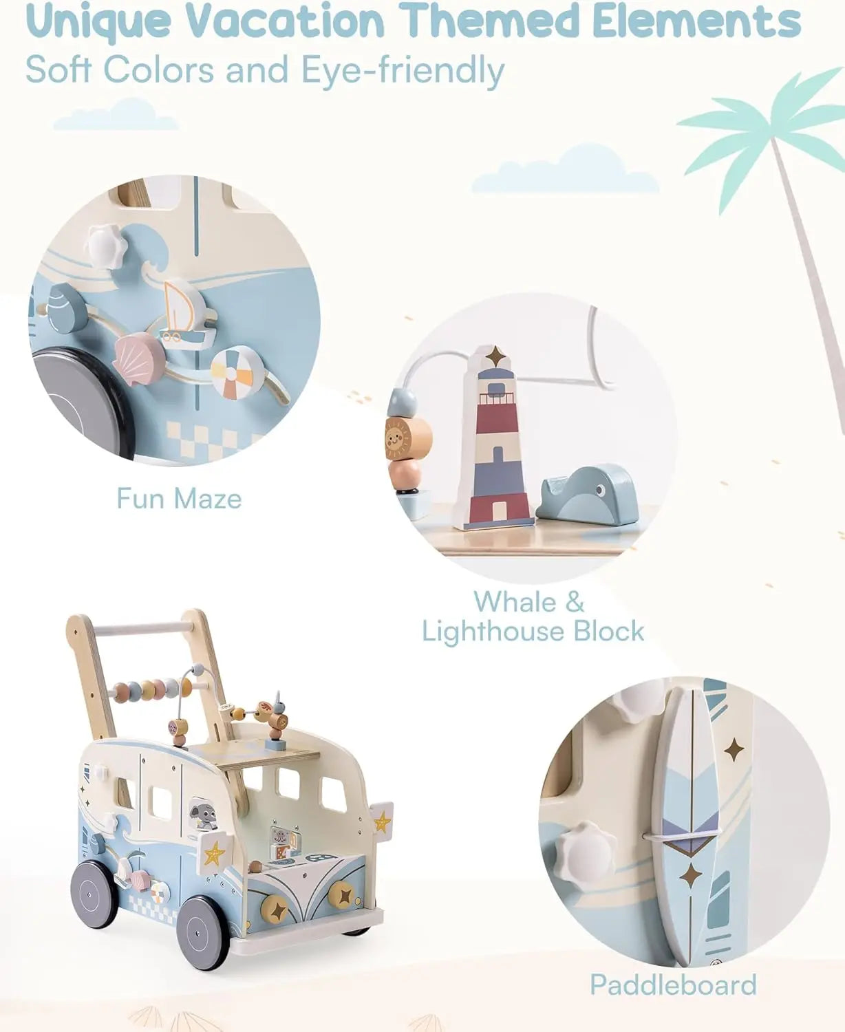 Wooden Baby Walker Bus Style With Ocean Pattern Rolife