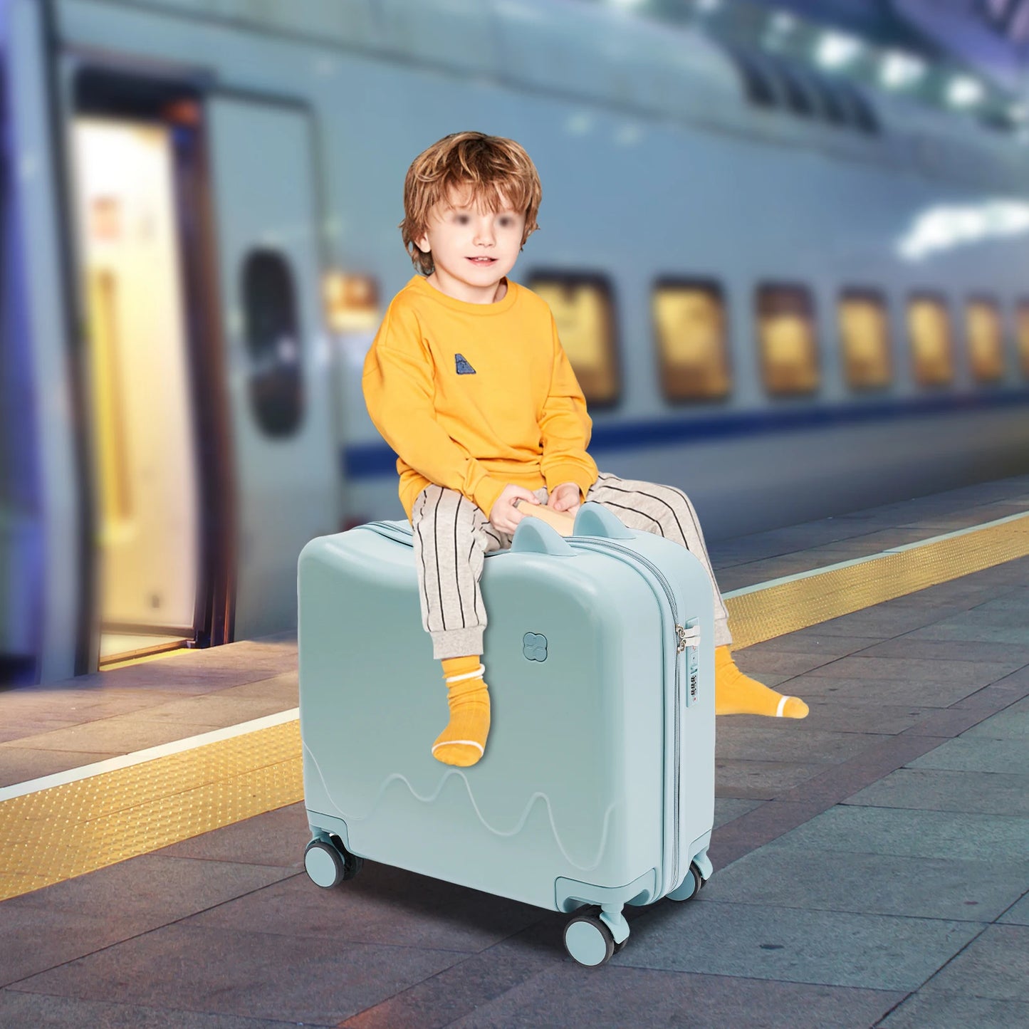 18 Inch Kids Ride On Suitcase Rolling Luggage With Password Lock Portable Cute Scooter Travel Companion