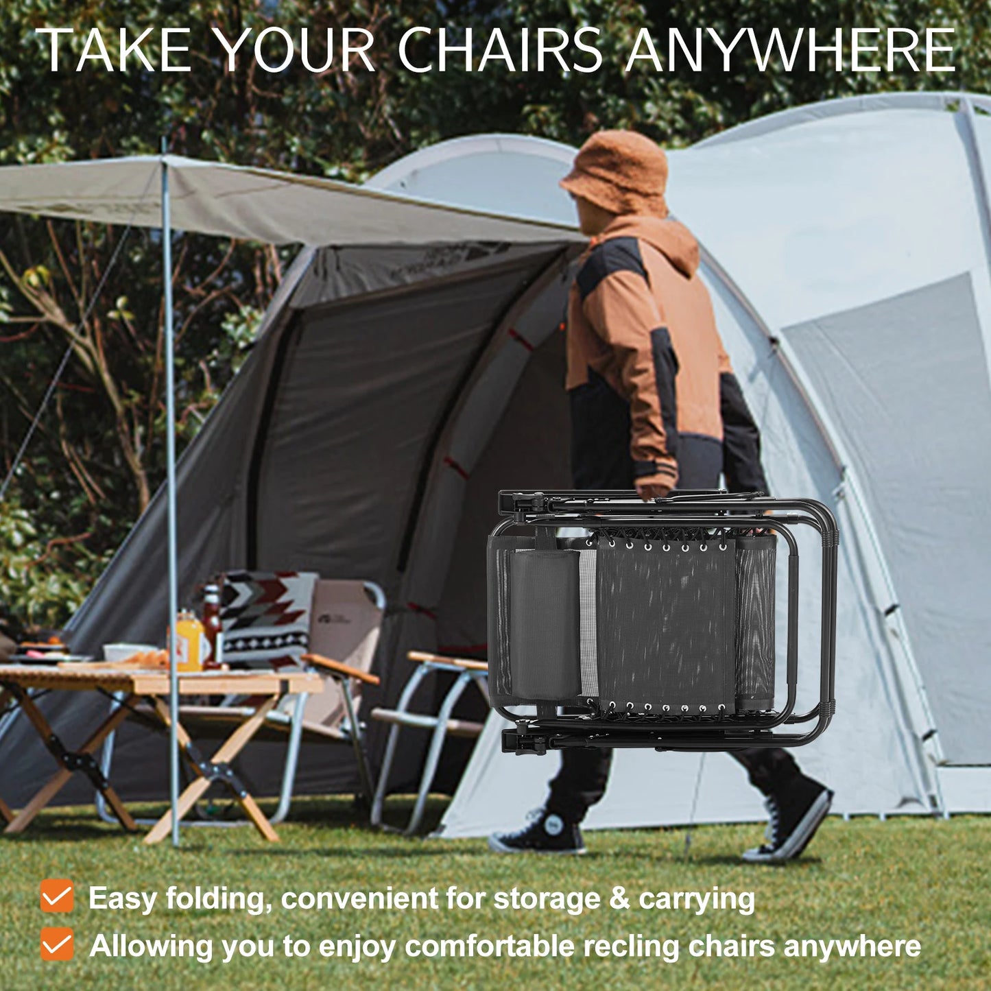 JHK Zero Gravity Portable Recliner Set Of 2 With Cup Holder Trays