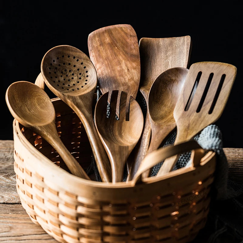 Kemorela 9 Piece Teak Wooden Kitchen Cooking Utensils Set