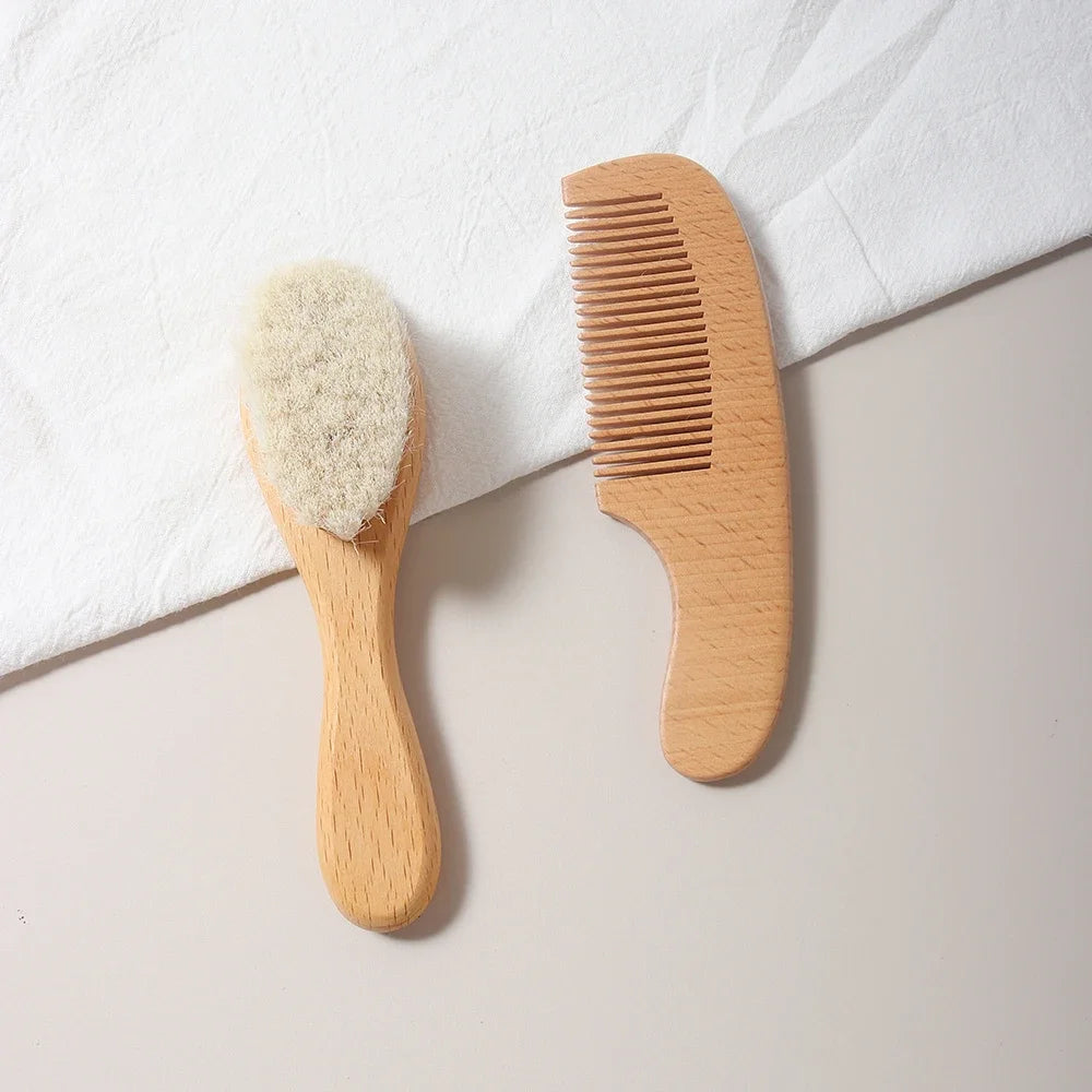 2 Piece Baby Care Hair Wool Brush And Beech Wood Comb