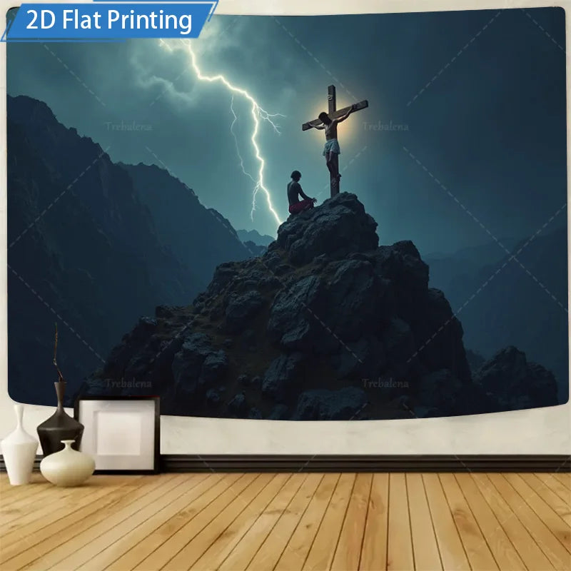 Stormy Mountain Cross Scene Tapestry Modern Spiritual Wall Art