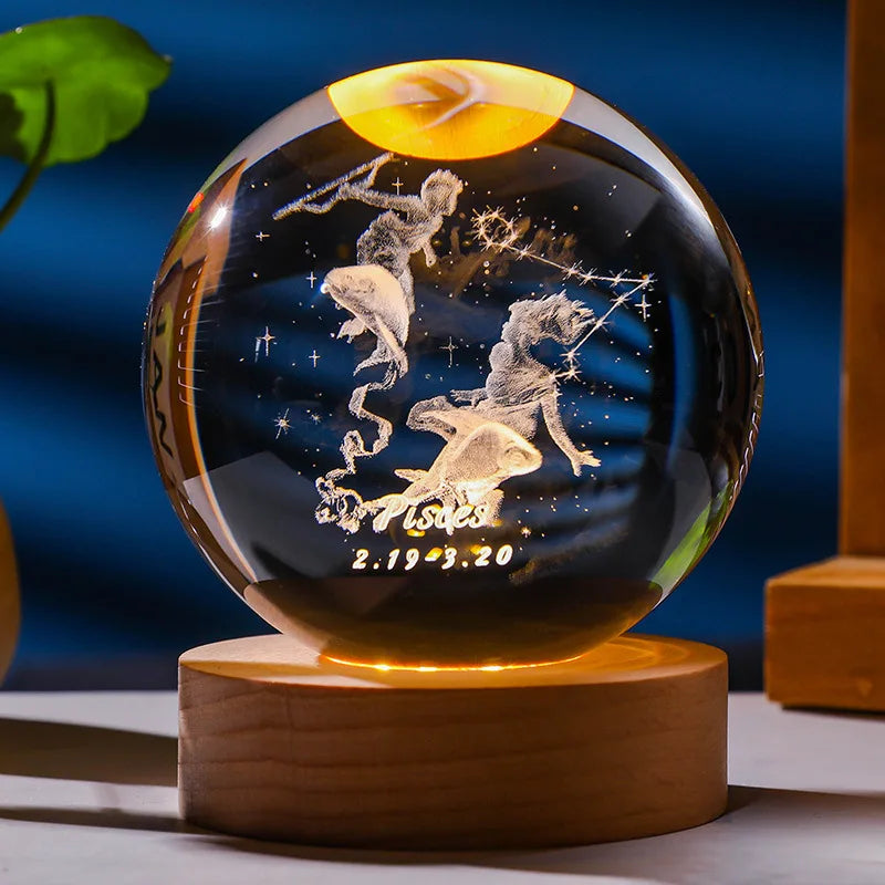 3D Constellation Crystal Ball Night Light with Wooden USB Base