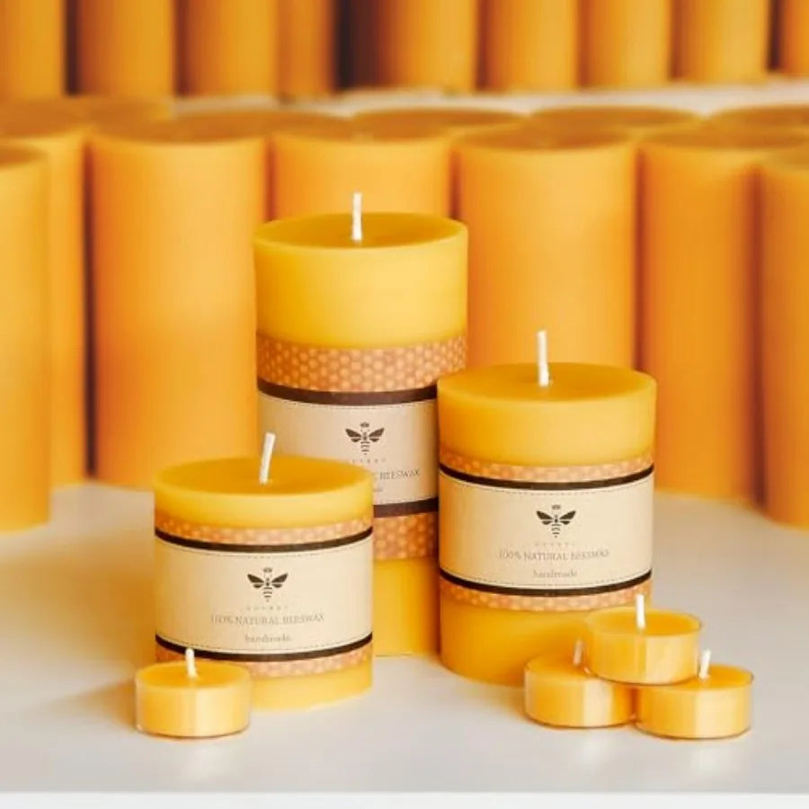 Natural Beeswax Pillar Candles Set 3 Pack Dripless Smokeless Tealights